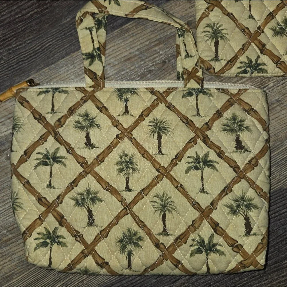 Palm Tree Quilted Cosmetic Bag Purse Set